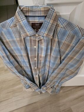 Hickey Freeman Blue and Brown Plaid Casual Button-Down Shirt